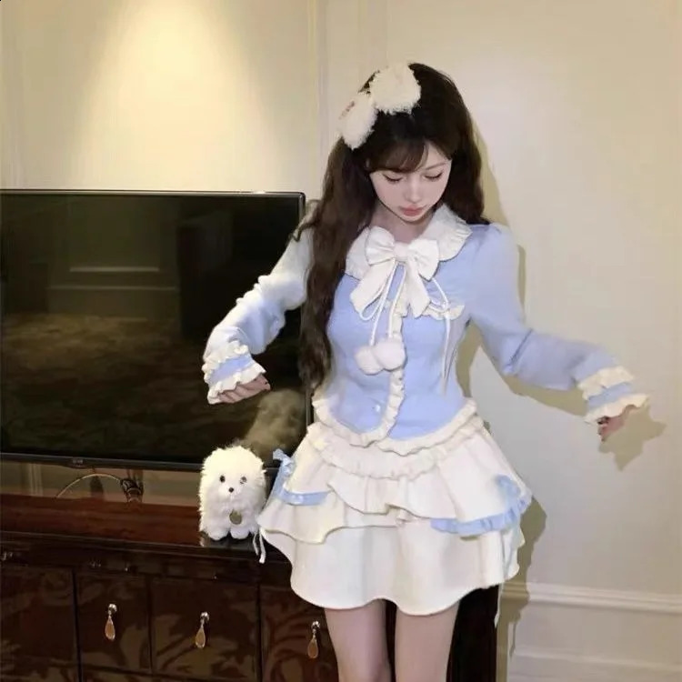 Sweet Cute Bow Peter Pan Collar Long Sleeve Tops Women Y2k High Waist Ruched Skirts Spring Autumn Two Piece Sets 240823