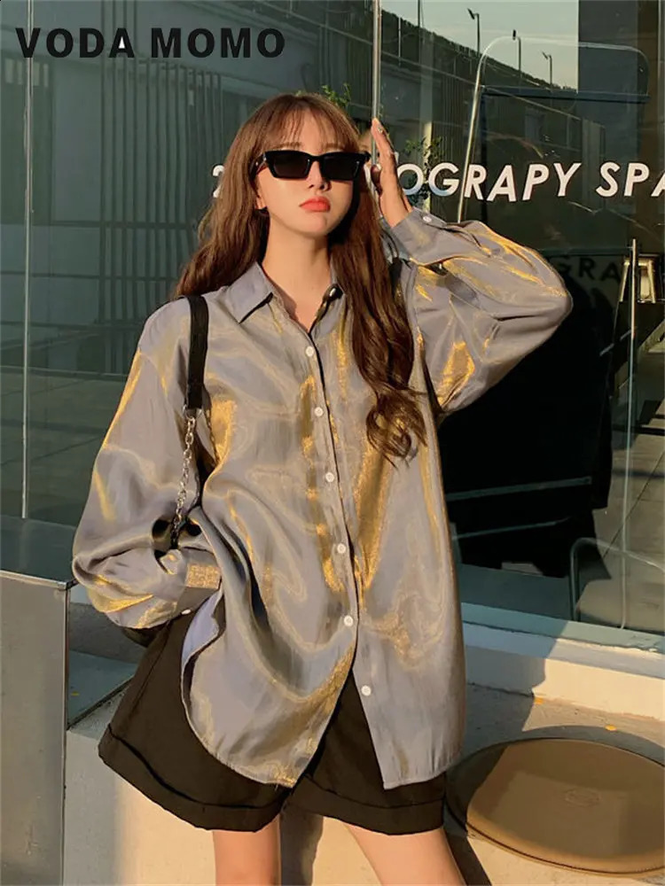 Spring Summer Korean Elegant Women ShinyBlouses Tops Long Sleeved Silk Shirts Gradient Shirts Loose Glossy Shirts Languid Wind 240823