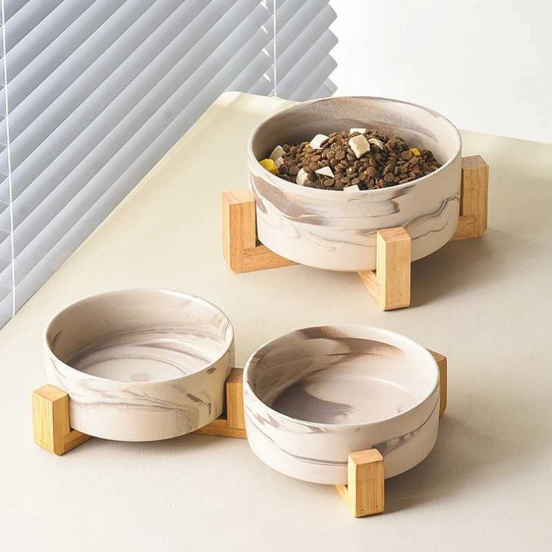 Marble ceramic cat and dog bowl with large dog feeding and dual feeding bowls equipped with wooden frame and pet dog accessories X240823
