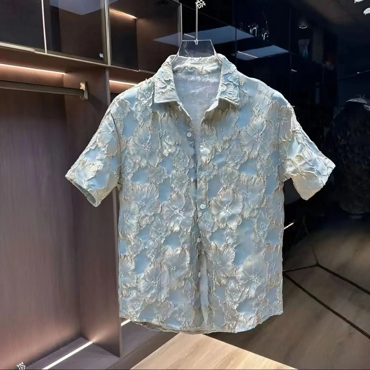 Ethnic Style Scalding Gold Flower Shirts And Shorts Two Piece Set Mens Fashion Short Sleeved Suits Summer Casual Loose Outfits 240822