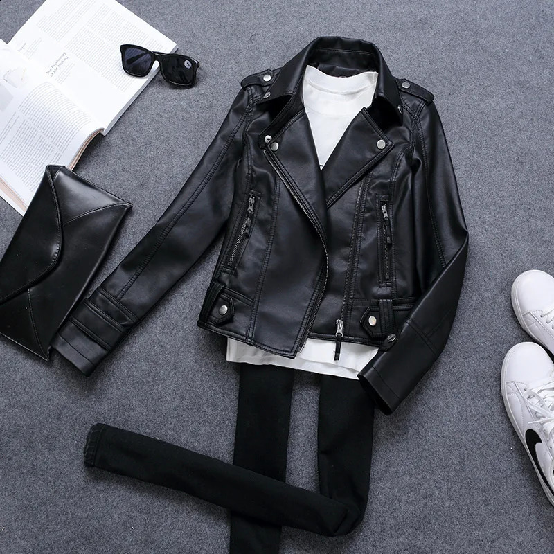 Korean Version of Slim PU Leather Jacket Womens Motorcycle Leather Short Coat 240822