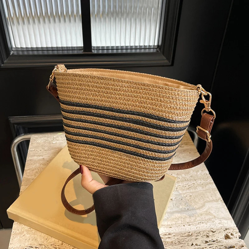 Ladies Summer Straw Crossbody Bag Women Beach Holiday Shopping Woven Striped Shoulder Handbag Messenger Purses For Bags 240822