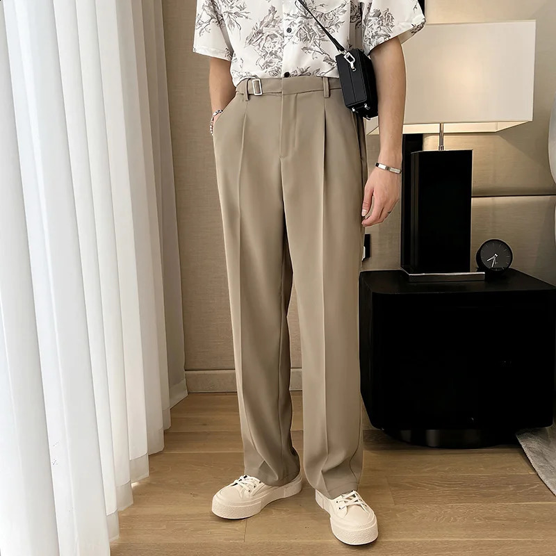 Men Korean Fashion Commuting Daily Loose Casual Vintage Classical Belt Wide Leg Suit Pants Streetwear Show Trousers 240822