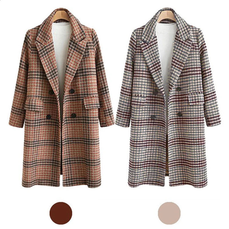 Women Coat Long Jacket Woolen Plaid Double Breasted Lapel Overall Autumn Winter Loose Fitting Blazer Checkered Long Sleeve 240822