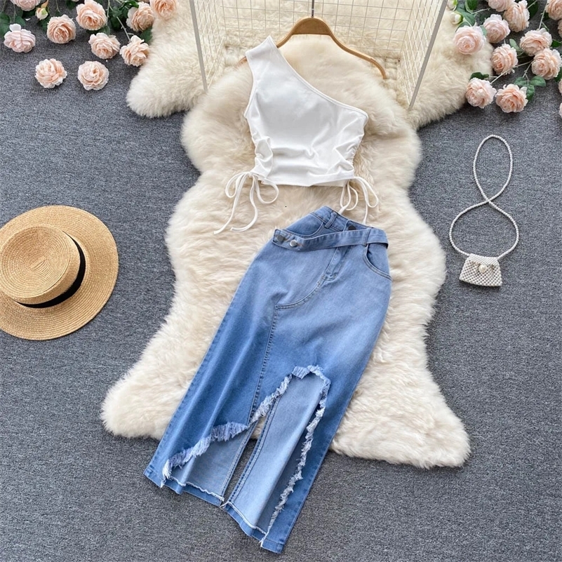 Summer Women Two 2 Piece Set Sexy One Shoulder Crop TopHigh Waist Button-up Denim Skirts Korean Office Lady Sleeveless Suits 240822
