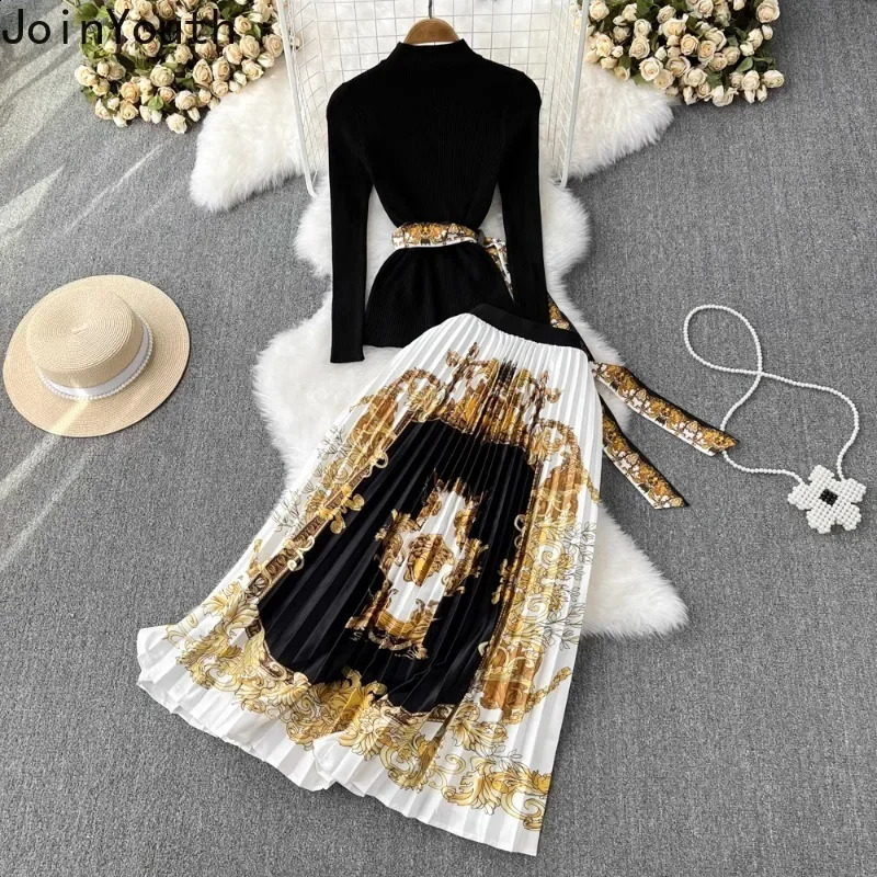 Temperament Outfits Korean Two Piece Sets Women Clothing Stand Neck Tunic Knitted Pullovers High Waist Floral Pleated Skirt Suit 240823