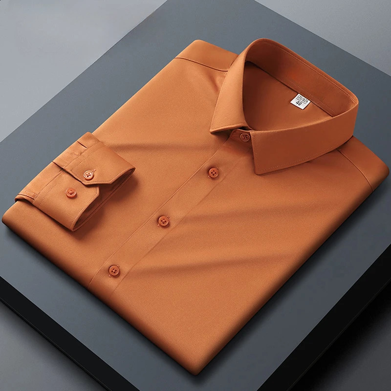 Long sleeved shirt for mens business casual orange non ironing wrinkle resistant elastic solid color mens shirt style 240822