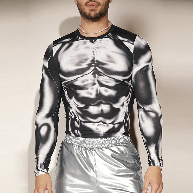 Y2K Mens T Shirts Sexy Elastic Slim Long Sleeve O Neck Bottoming T-shirt Men Fall Fashionable Muscle Print Tops Streetwear 240823