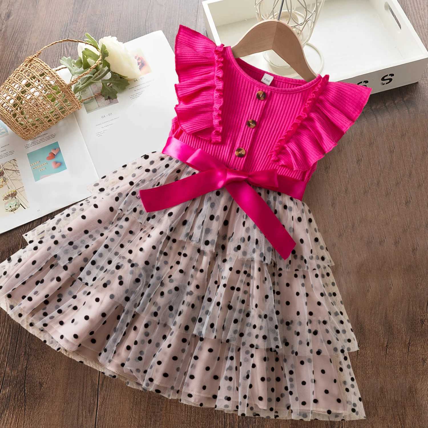 2024 Girls New Summer Dress for Children Aged 2 to 6 with Polka Dots Cute Childrens Birthday Princess Dress Elegant Wedding Party Dress W240823