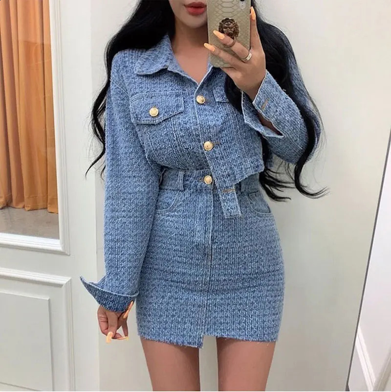 Cow Set Two-piece Suit Autumn Fashion Turndown Collar Blue Single-breasted Short Denim Shirt Top Solid Color Hip Skirt
