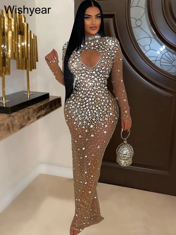 year Elegant Wedding Guest Rhinestones Black Long Maxi Dress Women Sexy See Through Mesh Crystal Gown Dance Birthday Vestido 240823