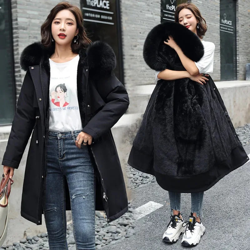 Winter jacket womens Parka clothing long coat wool lining hooded fur collar thick warm snow apron 6XL w240822