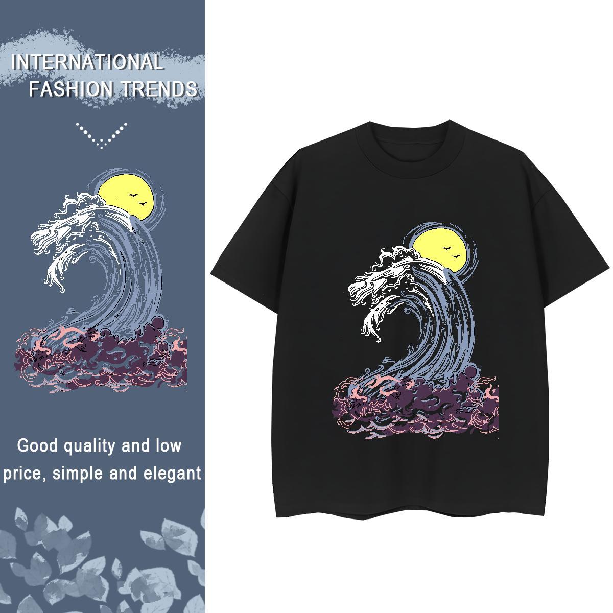 Unisex Womens Tshirts 230g Pure Cotton sea wave Street Casual T-Shirts Comfortable Cartoon Floral Printing Tees