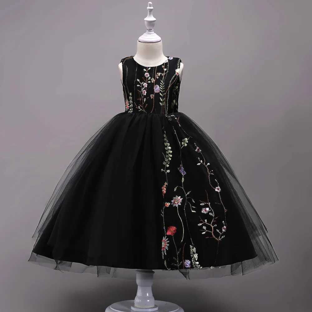 Childrens lace wedding floral embroidery teenage girls party ball elegant princess sleeveless wedding dress W240823