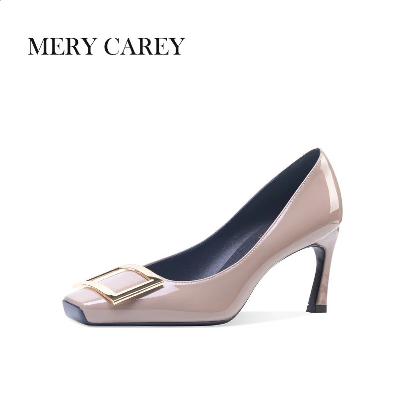 Genuine leather womens high heels 24 fashionable square toe shallow mouth metal buckle pump high-quality office black single shoes 240823