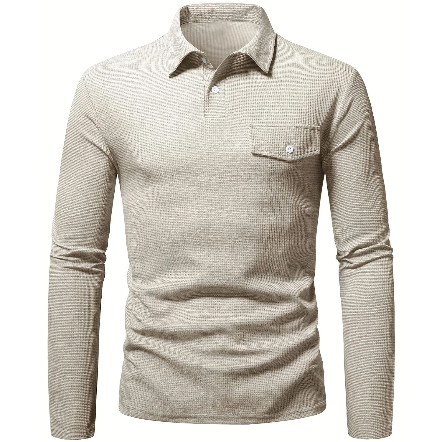 Mens Solid Color Texture Polo Shirt Casual Long Sleeve Regular Waffle Knitted Top with Virtual Pocket 240823