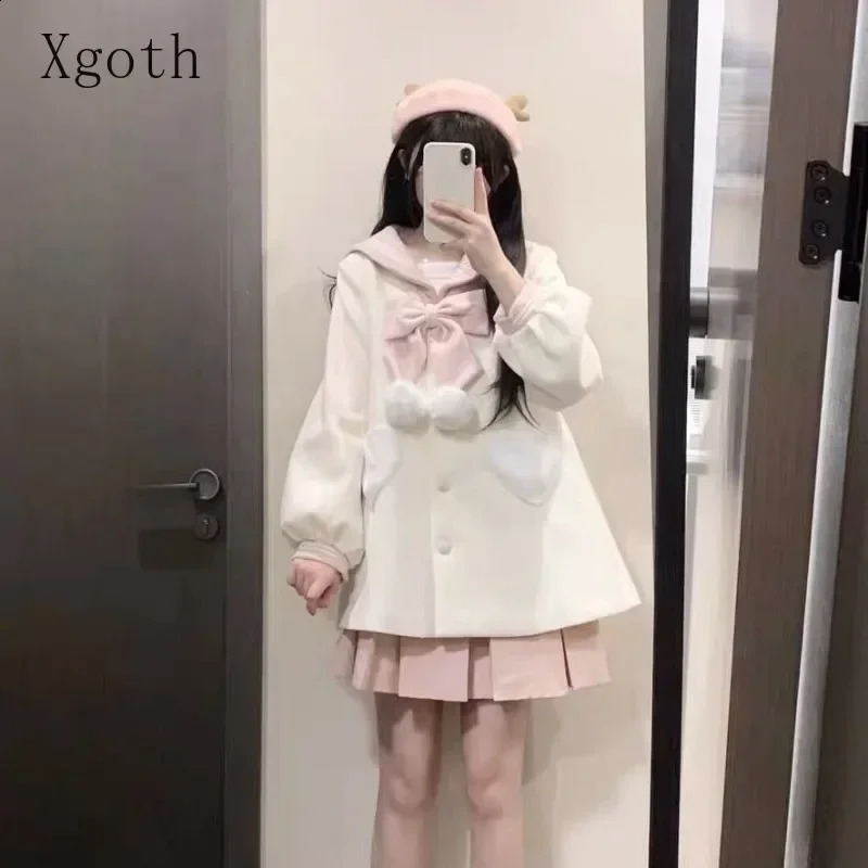 Womens Coats Contrast Sailor Collar Bow Single Breasted Heart Pocket Sweet Age Reduction Versatile Woolen Coat Ladies Clothing 240822