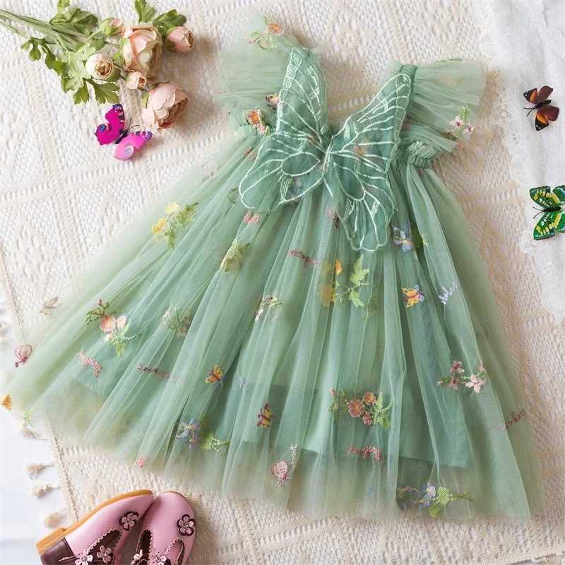 2024 Childrens Dress Girls Summer Dress Butterfly Wings New Flower Dress Dance Performance Tutu Grid Princess Dress Baby Clothing W240823