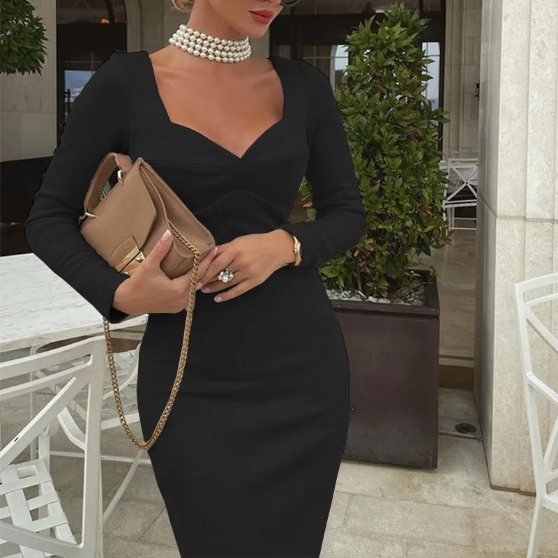 Long Sleeve Midi Dress Square Collar High Waist Solid Color Sexy Dress Women Fashion Casual Bag Arm Bodycon Sheath Dress 240823