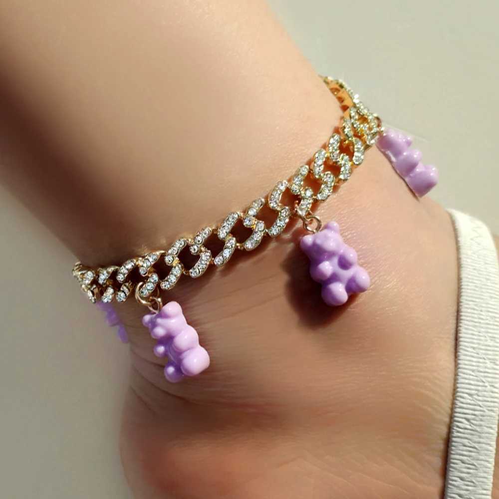 Hiphop Bling Cuban Link Chain Anklets Women Men Cartoon Resin Bear Pendant Chunky Metal Anklet Bracelet Golden Foot Party Jewely 230719