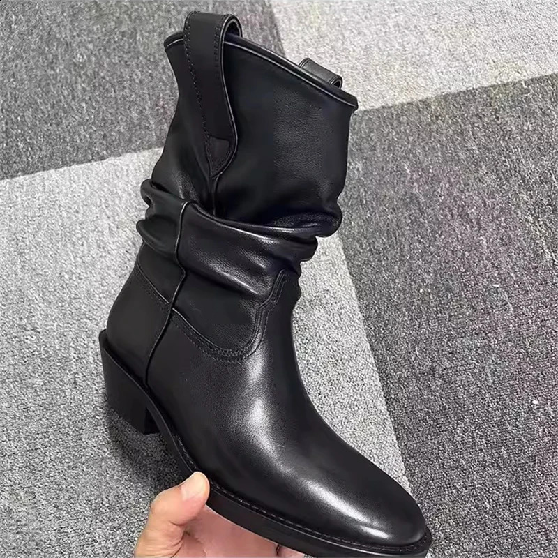 black pleated stacked boots thick heels and soft leather elastic weight loss boots fashionable learning short boots 240823