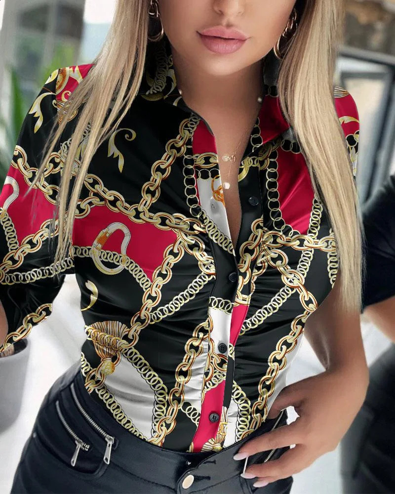 Women Solid Pu Leather Blouses Spring Autumn Turn-Down Collar Button Shirts Ladies Casual Ruched Long Sleeve Blouse 240823