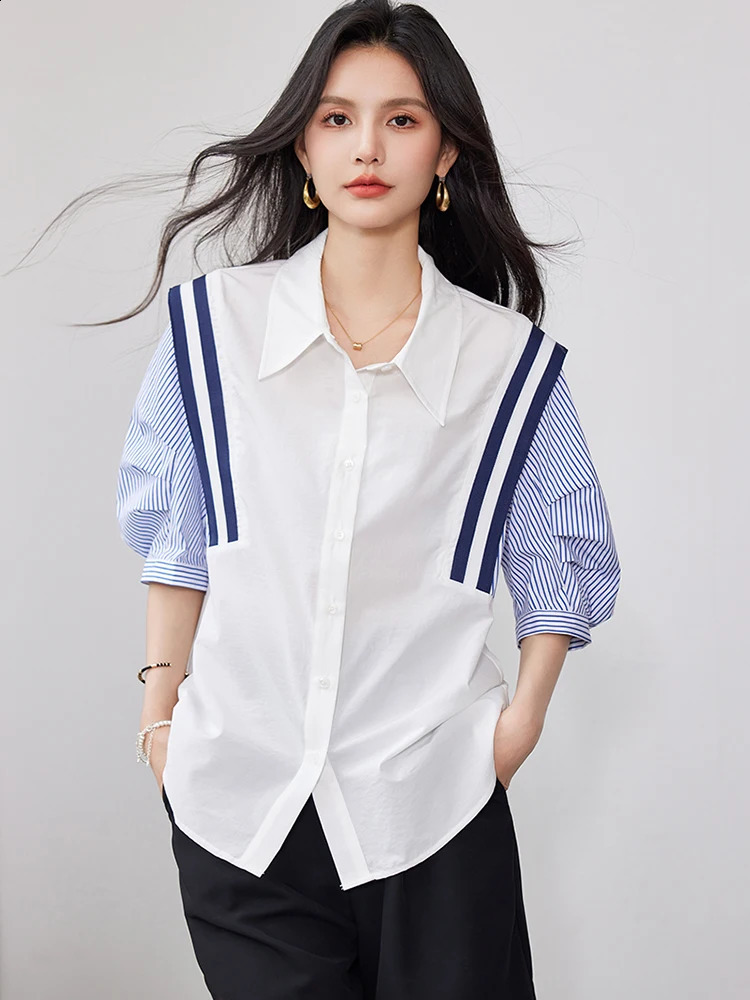 French elegant office womens shirt spring striped contrasting color long sleeved temperature ultrathin top 240822