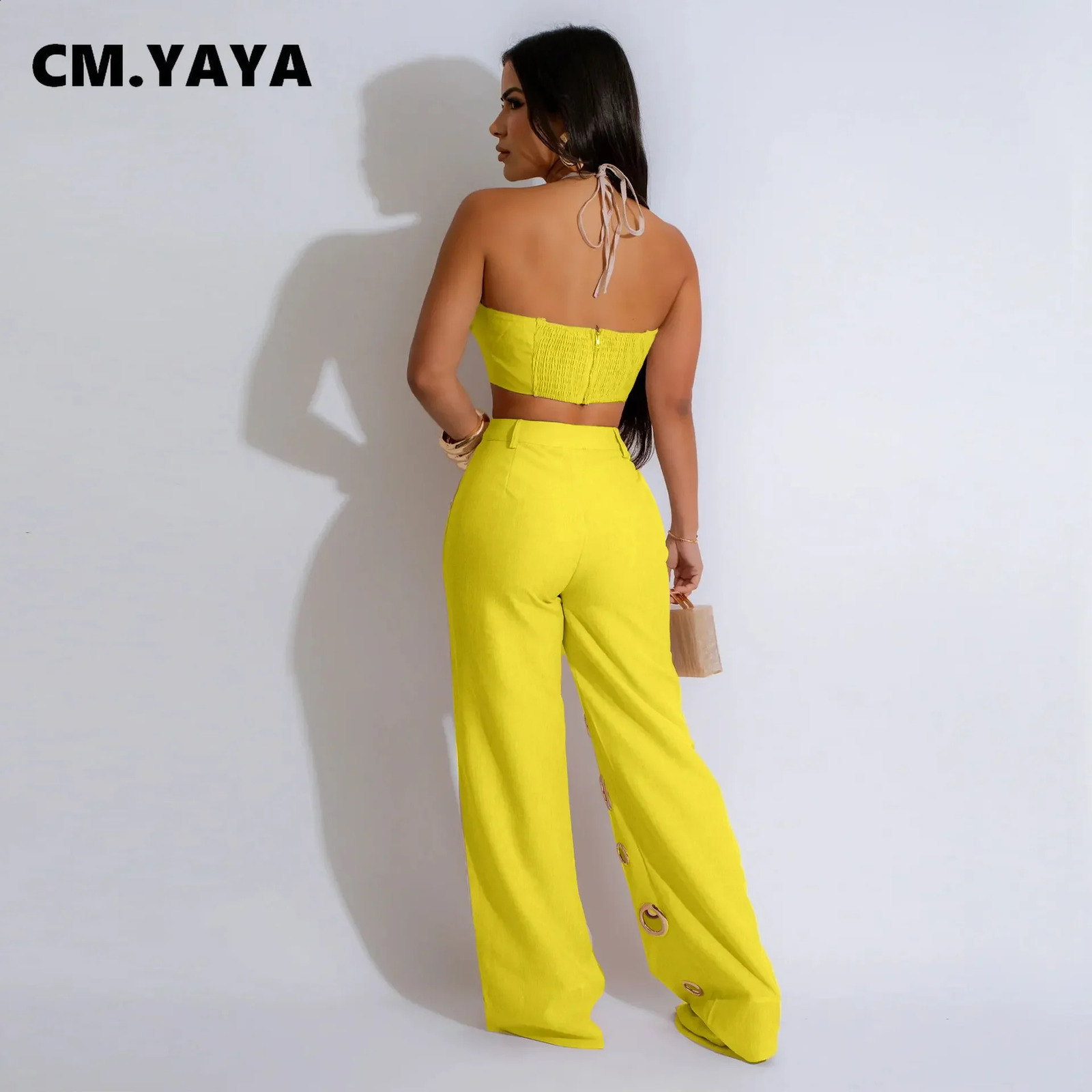 CM.YAYA Women Set Sleeveless Strapless Tops Wide Leg Pants Two 2 Piece Set Hole Hollow Out Outfit Summer Sexy Street Tracksuit 240822
