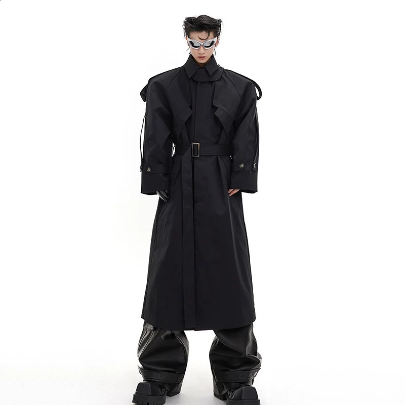 FEWQ Mens Long Overcoat Shoulder Pad Windbreaker Streetwear Safari Style Knee Length Coat Fashion Male Clothing 9C1708 240822