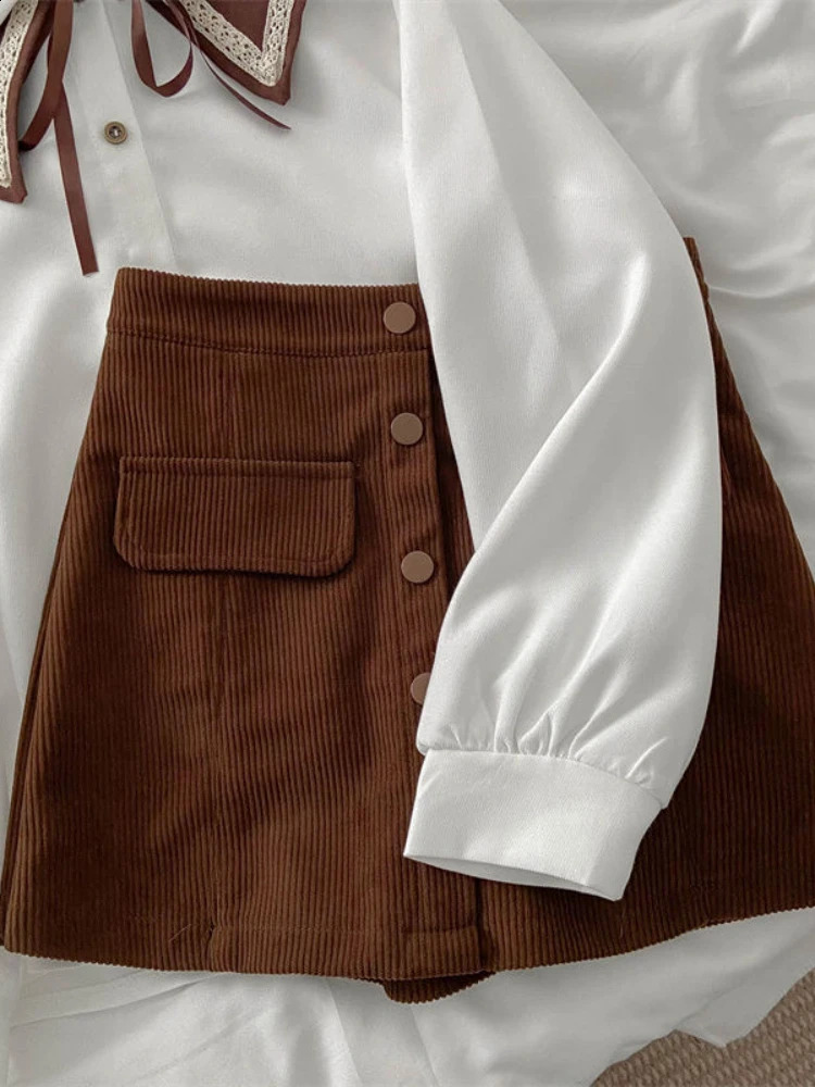 Xgoth Preppy Skirt Suit Elegant Wear Women Spring Hong Kong Style Retro Shirt Vinatge Brown A-line Skirt Two-piece/single 240823