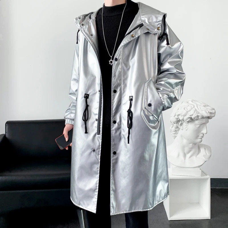 Autumn and Winter Windbreaker Mens Long Coat Night Show Bright Face Cool Windbreaker Hoodie Long Jackets for Men 240822