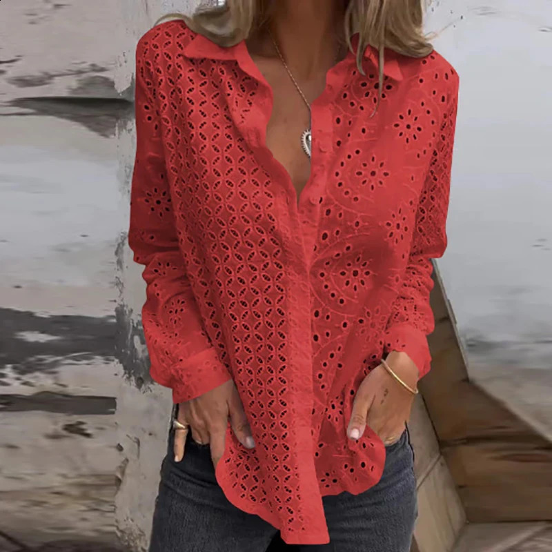 Sexy Hollow Out Embroidery Crochet Blouses Women Spring Solid Long Sleeve Jacquard Top Summer Loose Single Breasted Lapel Shirt 240823