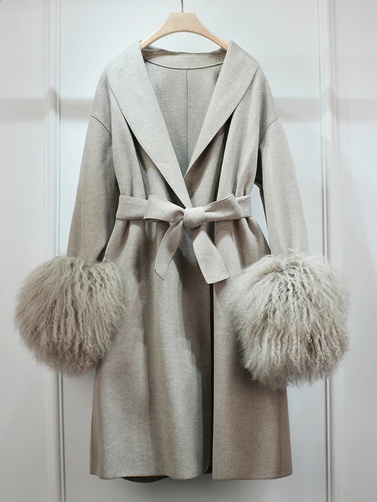 Highend Fluffy Mongolian Fur Cuffs ing Double-Sided Cashmere Jacket Women Suit Collar Sashes Long Wool Trench Coat 240822