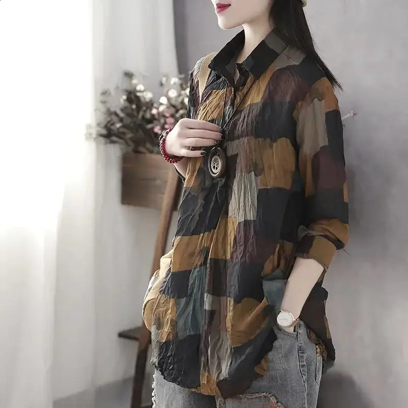 Fashionable retro long sleeved printed shirt for womens clothing spring and autumn loose fit fully matched lapel floral casual 240822