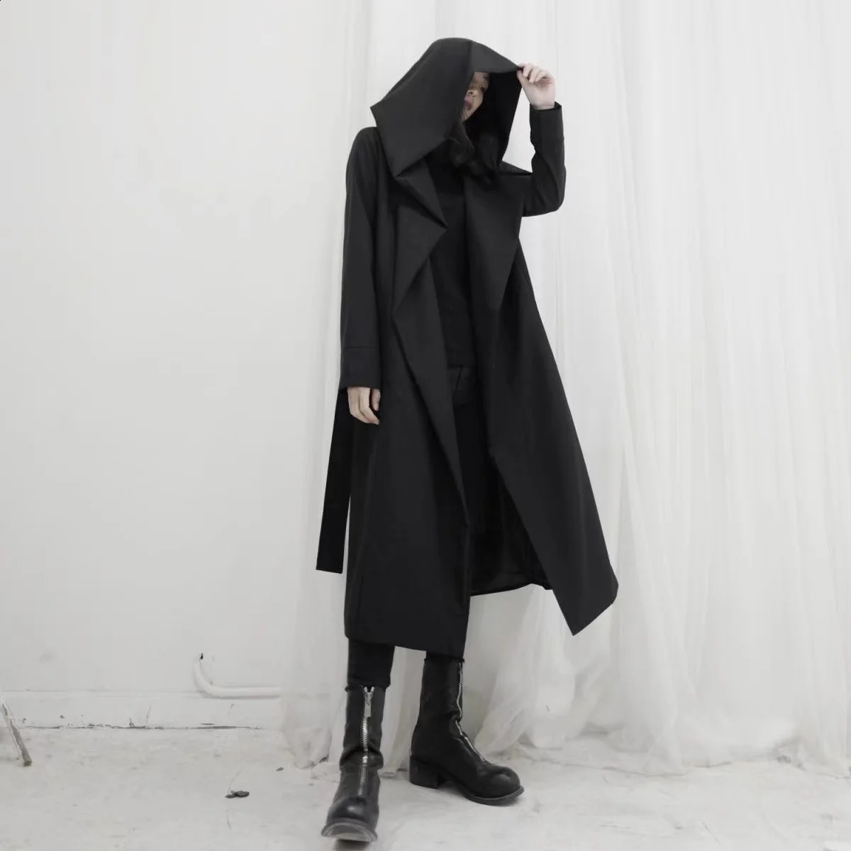 ARENS Hooded Trench Coat Men and Women Gothic Punk Lace Up Cardigan Long Windbreaker Fall Korean Dark Black Style Punk Overcoat 240822