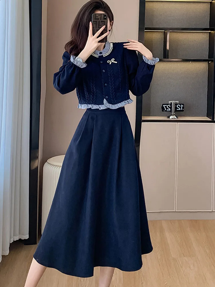 Autumn Fashion Two Pieces Set Korean Women Vintage Ruffles Knitted splicing Shirt Top A-Line Midi Skirts Elegant Outfits 240823