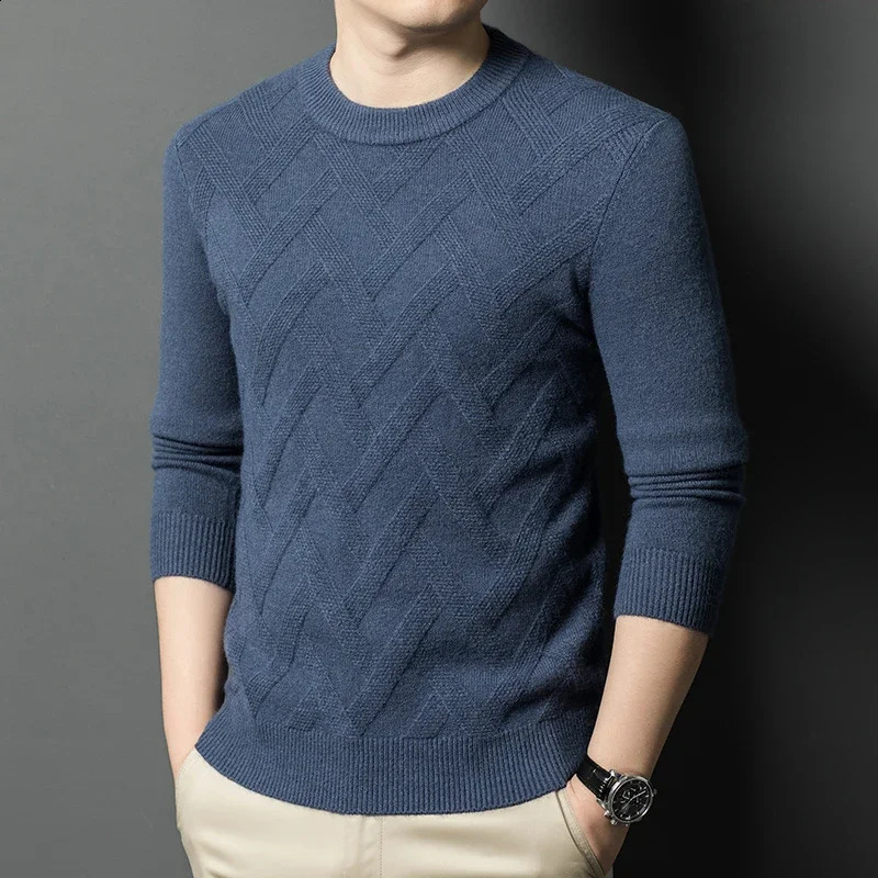 Autumn and Winter Thick Sweater Full Wool Round Neck Solid Color Long Sleeve Warm Mens Outdoor Top 240822