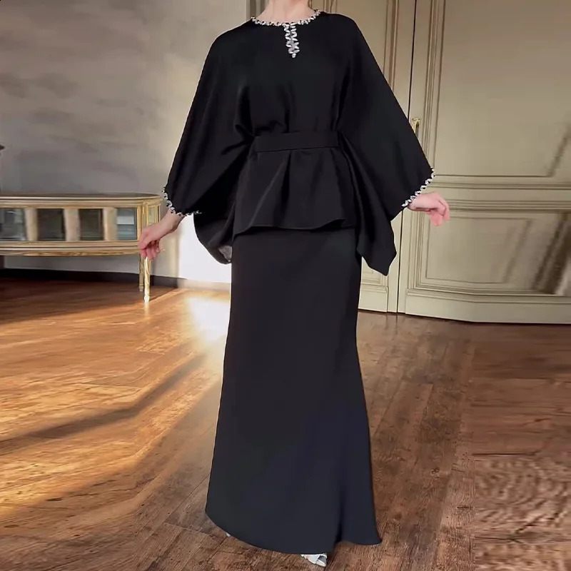 Skirt Set Women Two Piece Sets Round Neck Full Bat Sleeve Sexy Dress Sets Tops Tight Waist Long Skirts Elegant Splice Summer 240823