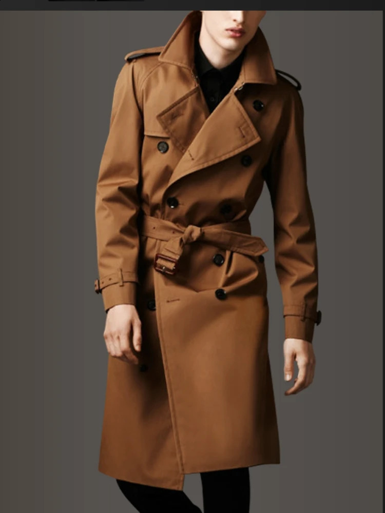 Double Breasted Classic Extended Mens Windbreaker Coat Belt British Style Windcheater Brown Business Casual X-long Jacket Men 240822