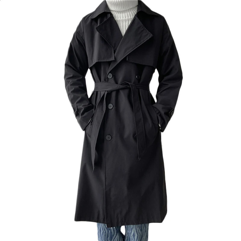 Korean Fashion Trend Mens Loose Casual Belt Overcoat Spring Loose Trench Long Sleeve Men Woman Coat Large Size Streetwear 240822