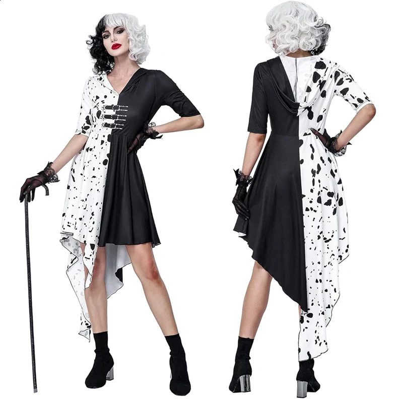 Adult Black and White Witch Deville cosplay womens outfit with gloves Halloween party set w240824