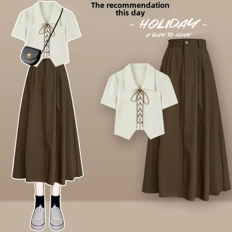 Fashionable High-waisted Sen System Suit Dress Womens 2-piece Set Summer Elegant Shirt Skirt Combo For Women 240823