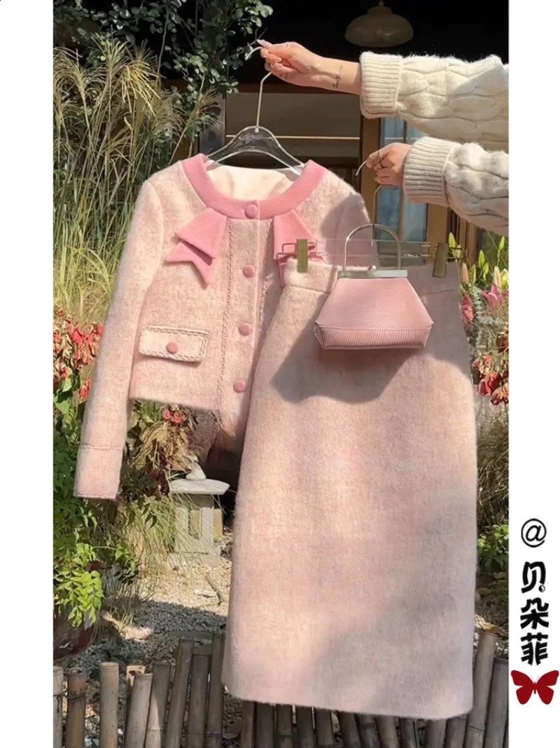 French Sweet Temperament Coat A-line Skirt Two Piece Set Women Fashion Single Breasted Gentle Thicken Spring Chic Slim Suit 240823