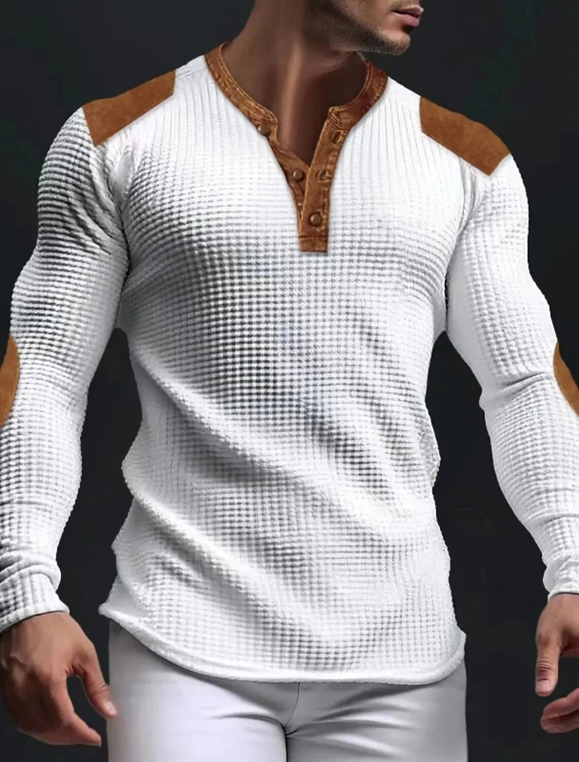 Breathable mens casual spring and autumn Vneck mesh solid color slim suitable for long sleep top with trend button 240822