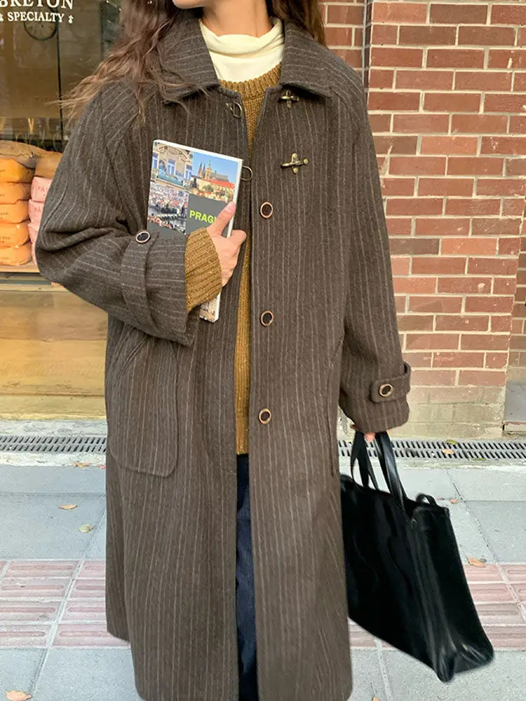 Korea Womens Retro Raglan Airplane Button Wool Coat Autumn Winter Mid-length Striped Turndown Collar Brown Long Sleeves Woolen 240822