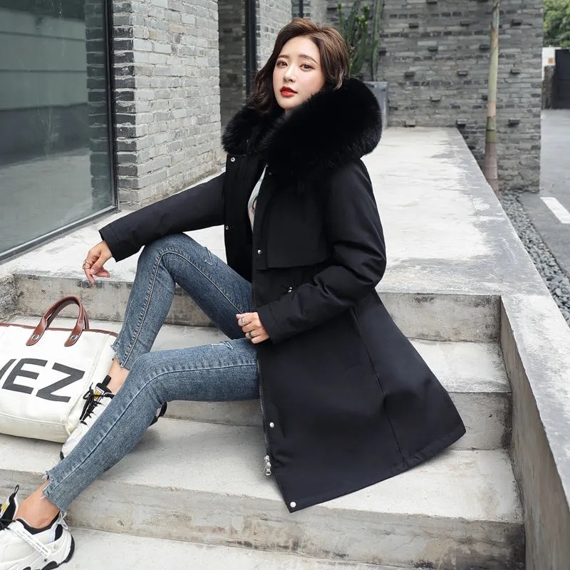 Winter Parka womens jacket clothing long coat wool lining hooded fur collar thick warm chiffon fashion w240822