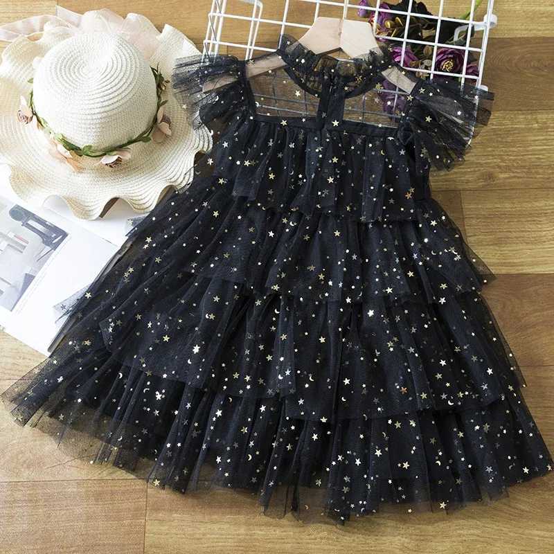 Fashion Girl Summer Party Dress Kids 2024 new sequined ruffled sleeves princess costume baby black evening dress party chiffon costume 2-8Y W240823
