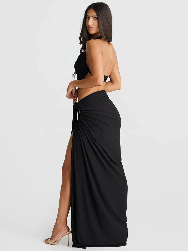 Fashion Sexy Skirt Two Piece Sets Women Halter Crop Top And Maxi Skirt Femme Club Party Split Skirt Two Piece Sets 240823