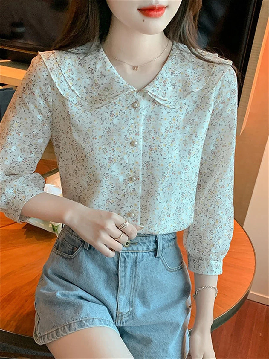 Womens Spring Summer Style Blue Top Casual Half Lantern Sleeve Peter Pan Collar DF4475 w240824