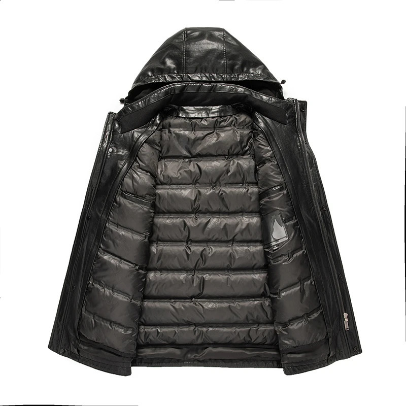 YN2268 Winter Senior Mens Hooded Natural Leather Down Jacket Medium length Detachable White Duck Lining 240822